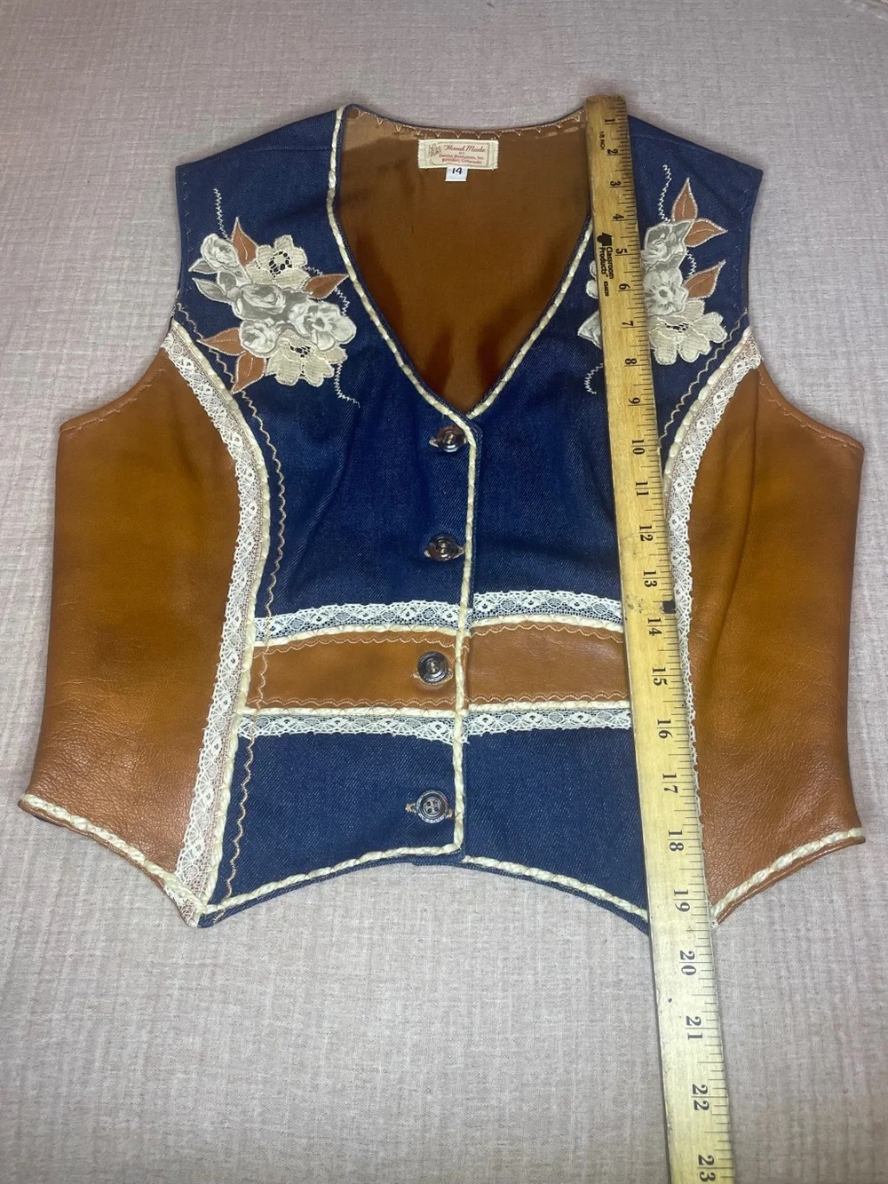 Vintage Handmade Leather Denim Floral Appliqué Vest Boho Western Art Piece